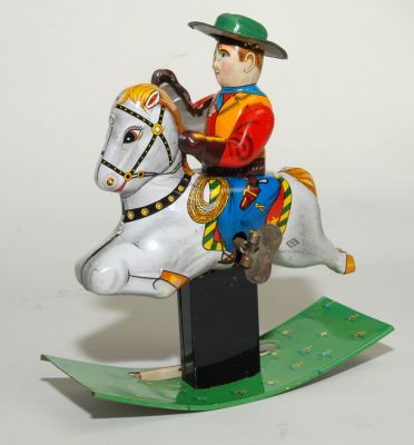 Japanese Tin Litho SY Windup - Rocking Horse w/Cowboy